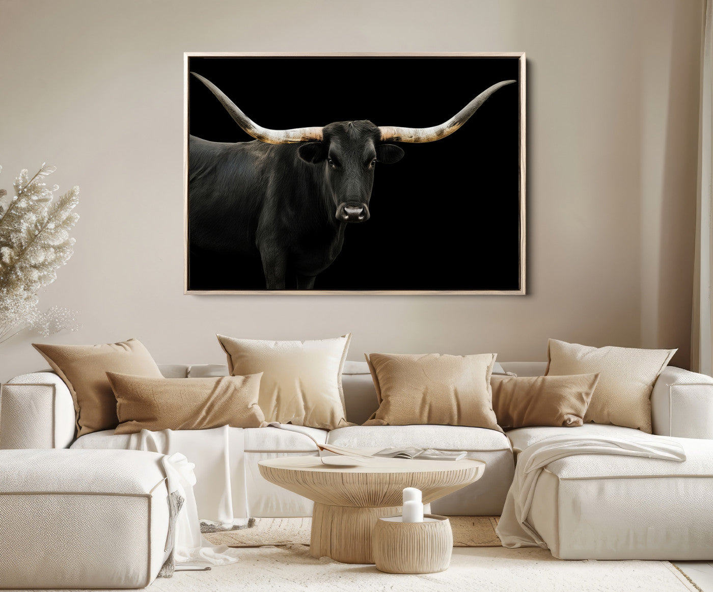 99448328-MGV-FC-36X24_Natural-Longhorn Cattle Wall Art Canvas Print, Framed Texas Ranch Art Picture Print, Western Cow Perfect Farmhouse Decor Artwork