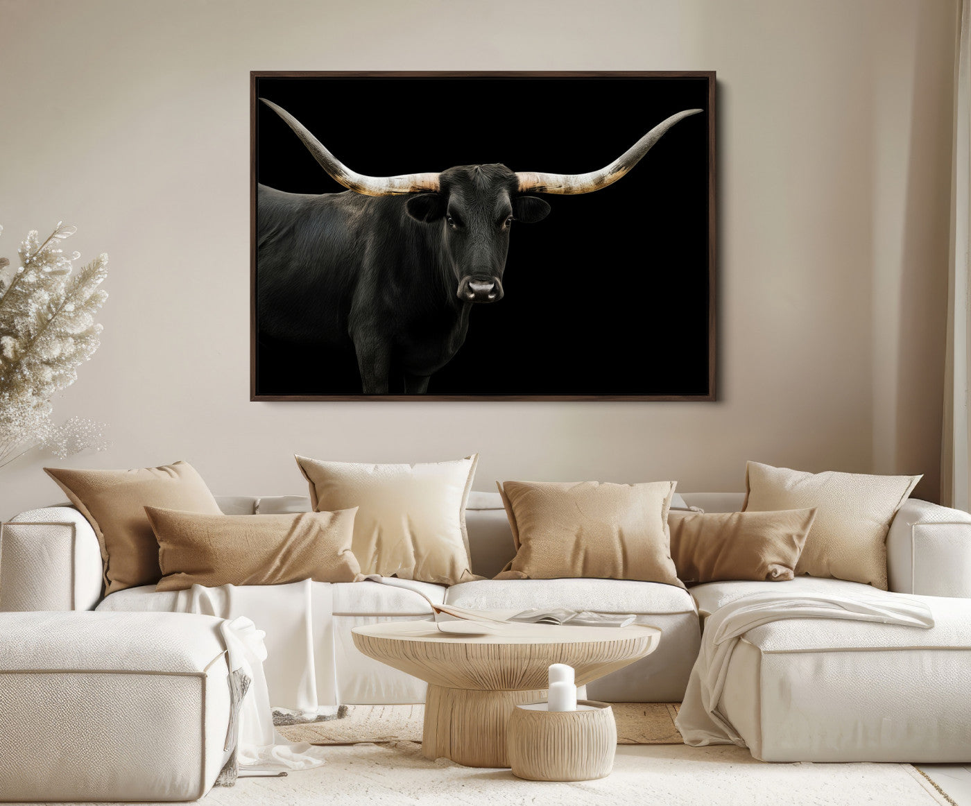 99448328-MGV-FC-36X24_Walnut-Longhorn Cattle Wall Art Canvas Print, Framed Texas Ranch Art Picture Print, Western Cow Perfect Farmhouse Decor Artwork
