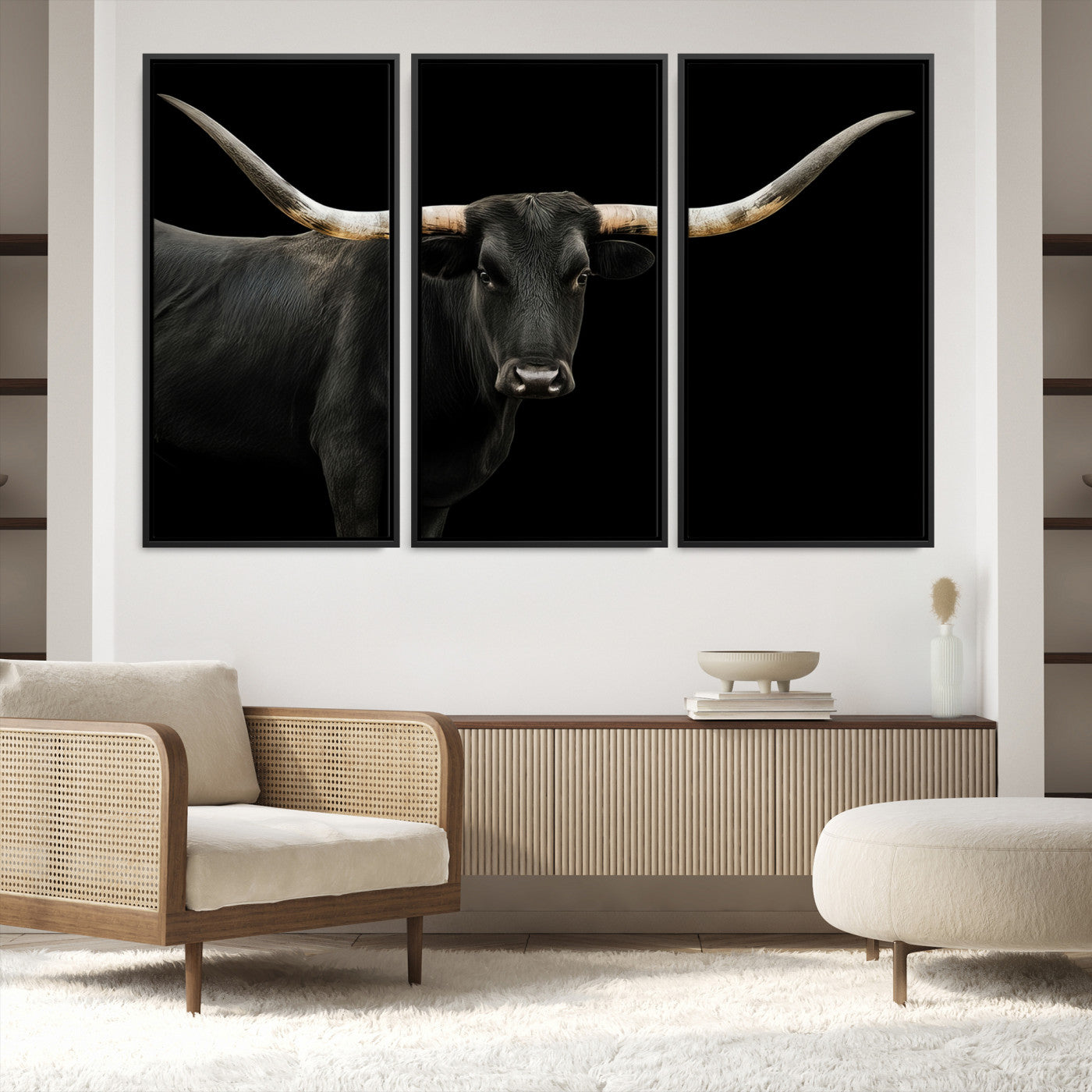 99448328-MGV-FC-60X40-3P_Black-Longhorn Cattle Wall Art Canvas Print, Framed Texas Ranch Art Picture Print, Western Cow Perfect Farmhouse Decor Artwork