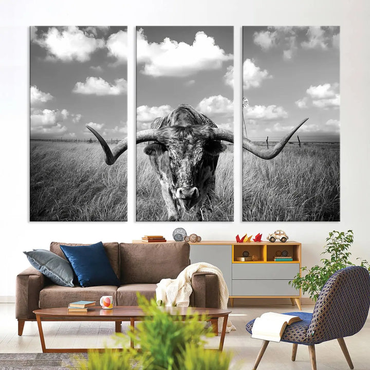 A black-and-white Longhorn Cow Field Wall Art Canvas Print is showcased prominently.