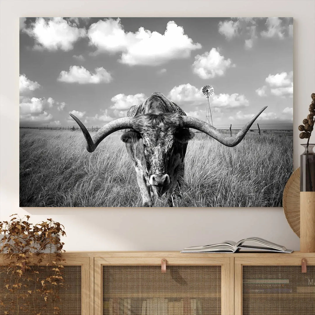 A black-and-white Longhorn Cow Field Wall Art Canvas Print is showcased prominently.