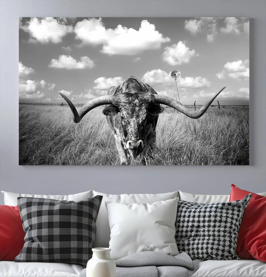 A black-and-white Longhorn Cow Field Wall Art Canvas Print is showcased prominently.