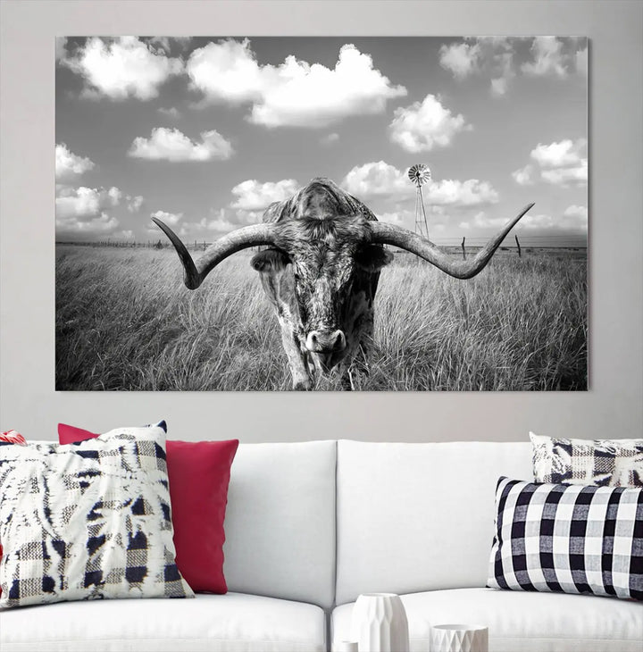 A black-and-white Longhorn Cow Field Wall Art Canvas Print is showcased prominently.