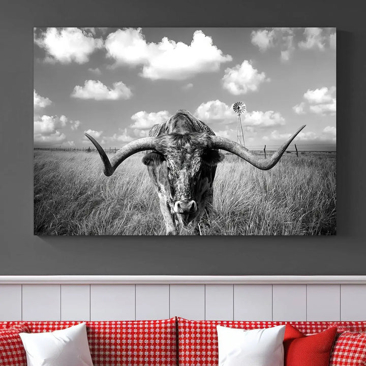 A black-and-white Longhorn Cow Field Wall Art Canvas Print is showcased prominently.