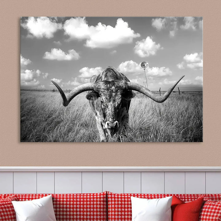 A black-and-white Longhorn Cow Field Wall Art Canvas Print is showcased prominently.