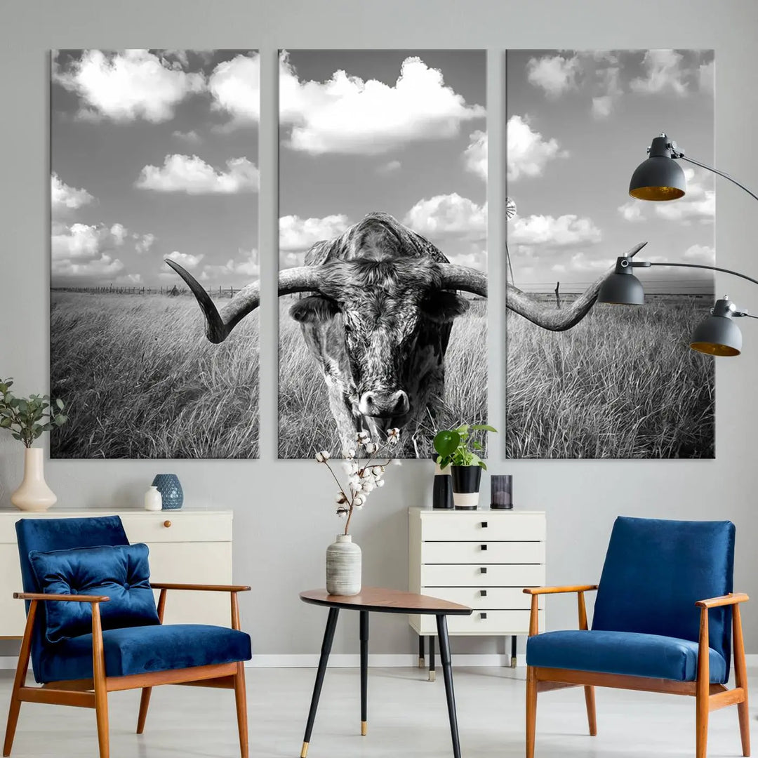 A black-and-white Longhorn Cow Field Wall Art Canvas Print is showcased prominently.