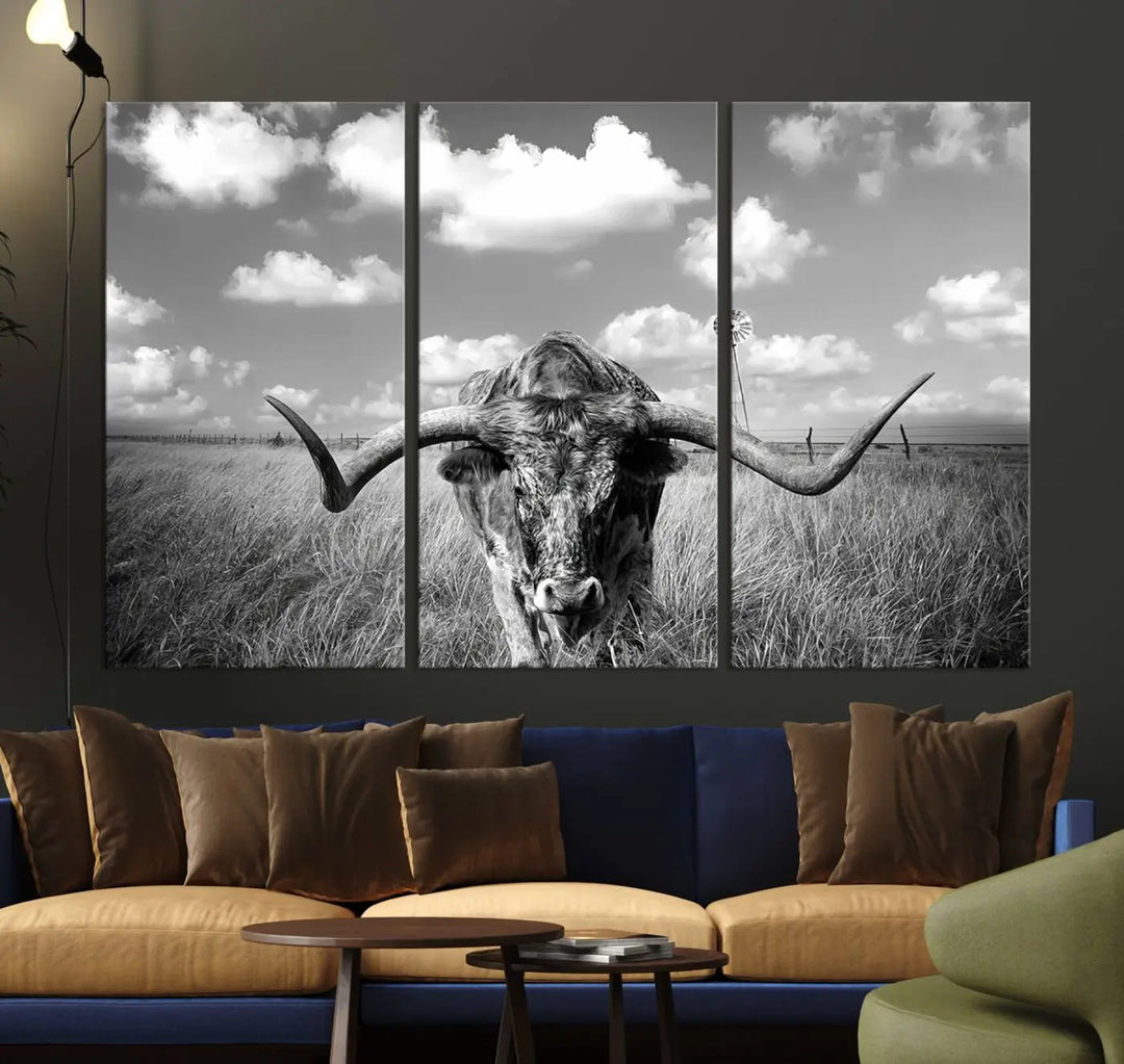 A black-and-white Longhorn Cow Field Wall Art Canvas Print is showcased prominently.