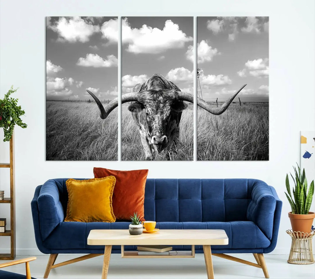 A black-and-white Longhorn Cow Field Wall Art Canvas Print is showcased prominently.