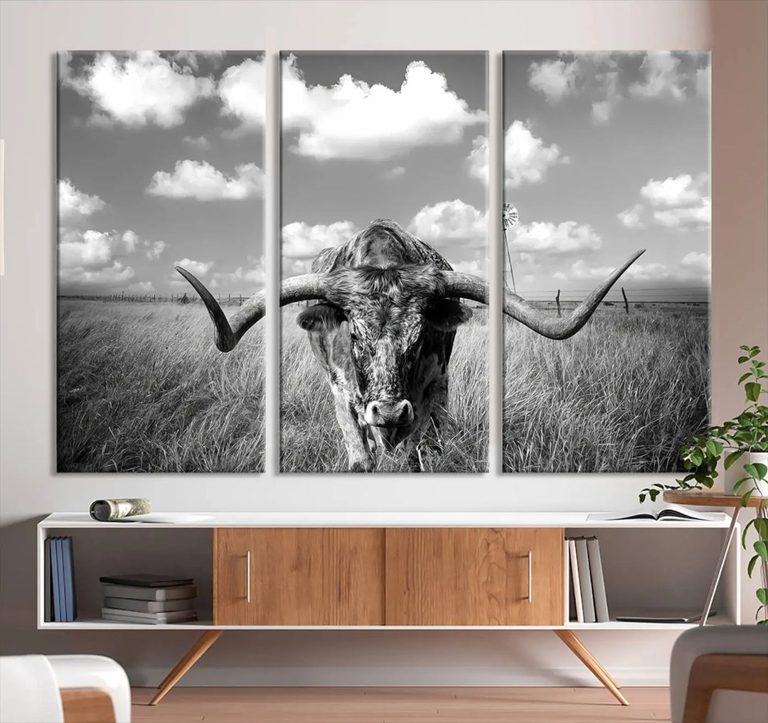 A black-and-white Longhorn Cow Field Wall Art Canvas Print is showcased prominently.