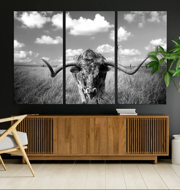 A black-and-white Longhorn Cow Field Wall Art Canvas Print is showcased prominently.