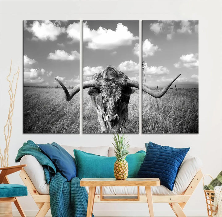 A black-and-white Longhorn Cow Field Wall Art Canvas Print is showcased prominently.