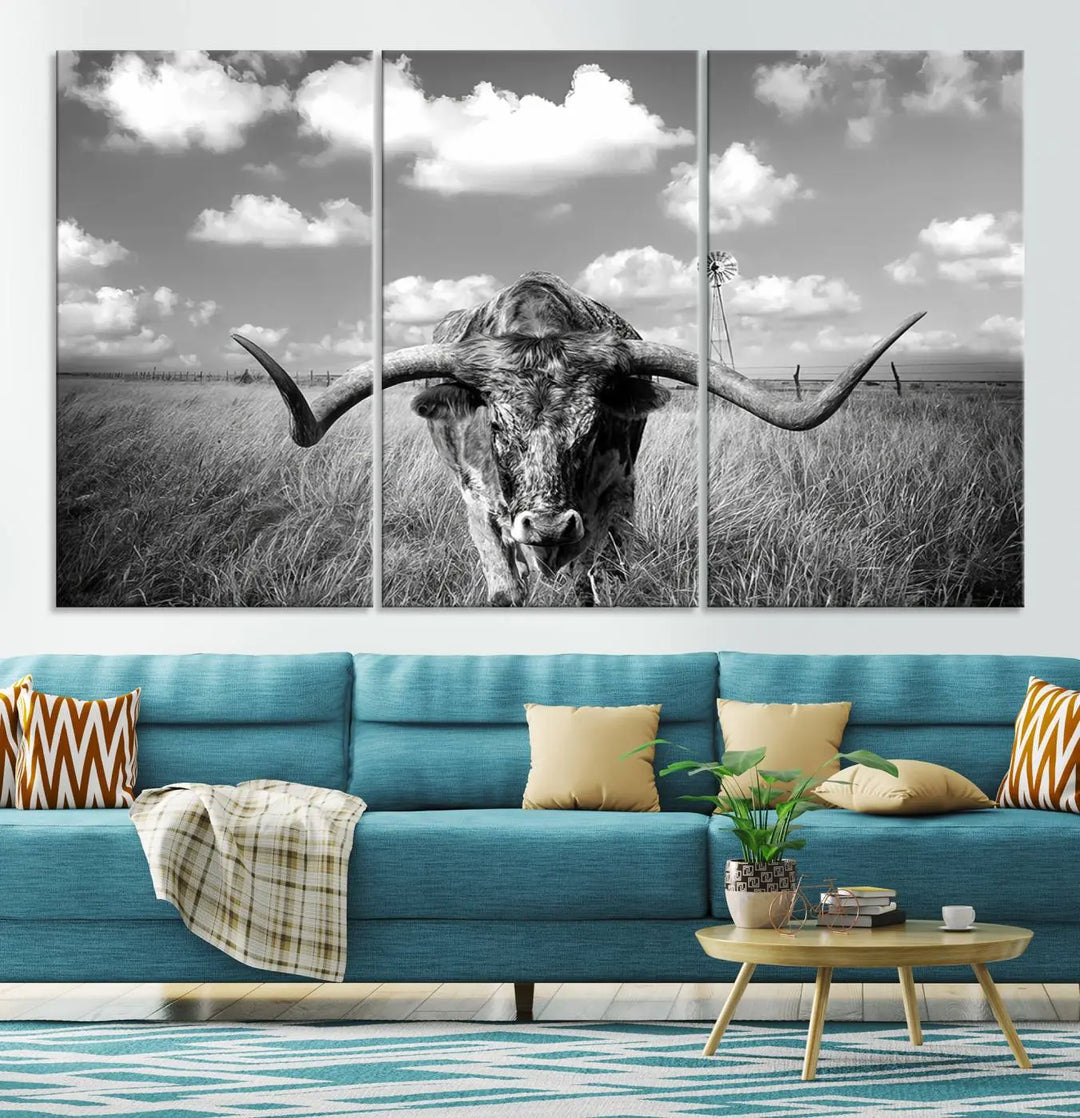 A black-and-white Longhorn Cow Field Wall Art Canvas Print is showcased prominently.