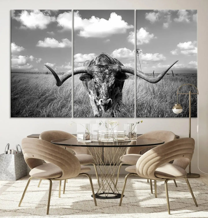 A black-and-white Longhorn Cow Field Wall Art Canvas Print is showcased prominently.