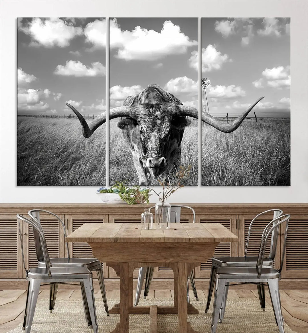 A black-and-white Longhorn Cow Field Wall Art Canvas Print is showcased prominently.