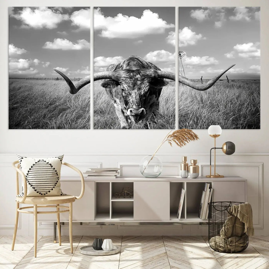 A black-and-white Longhorn Cow Field Wall Art Canvas Print is showcased prominently.