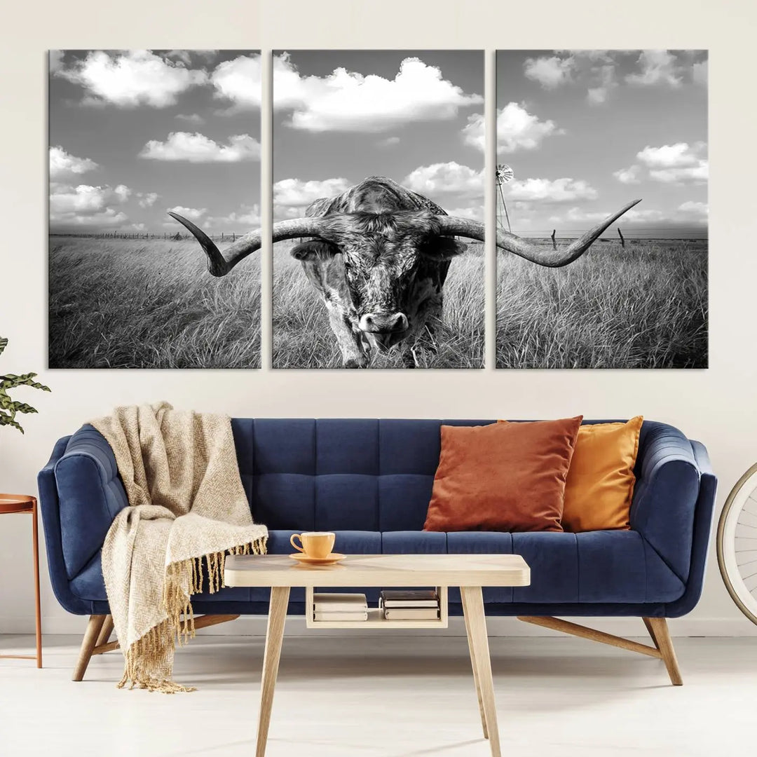 A black-and-white Longhorn Cow Field Wall Art Canvas Print is showcased prominently.