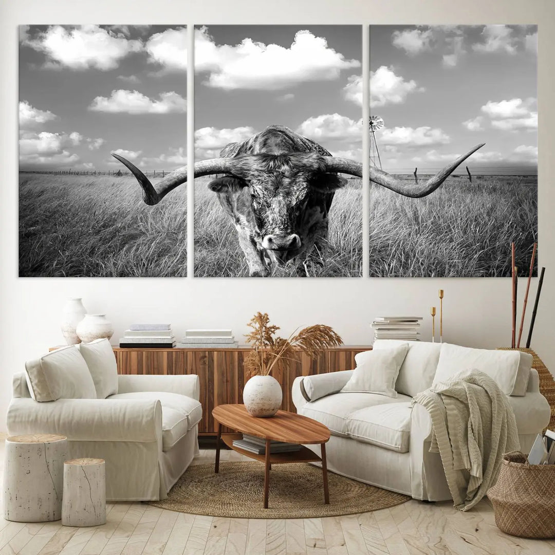 A black-and-white Longhorn Cow Field Wall Art Canvas Print is showcased prominently.