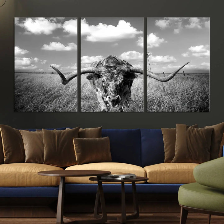 A black-and-white Longhorn Cow Field Wall Art Canvas Print is showcased prominently.