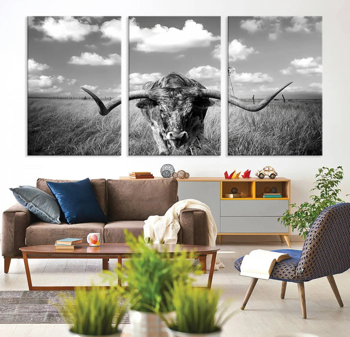 A black-and-white Longhorn Cow Field Wall Art Canvas Print is showcased prominently.