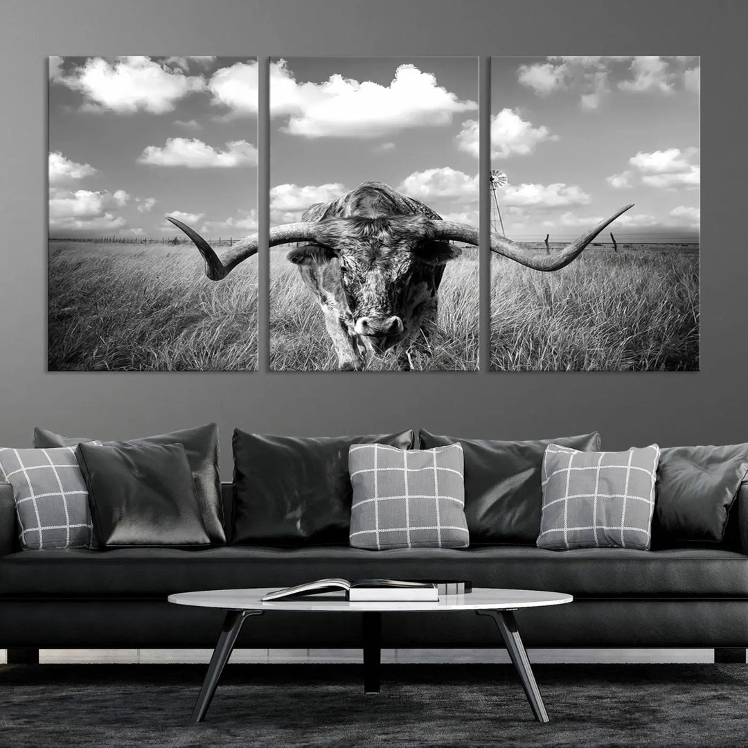 A black-and-white Longhorn Cow Field Wall Art Canvas Print is showcased prominently.