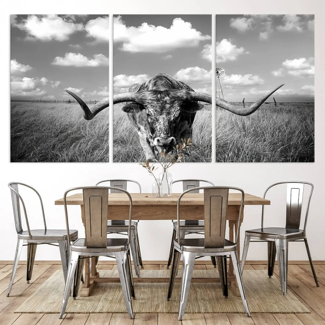 A black-and-white Longhorn Cow Field Wall Art Canvas Print is showcased prominently.