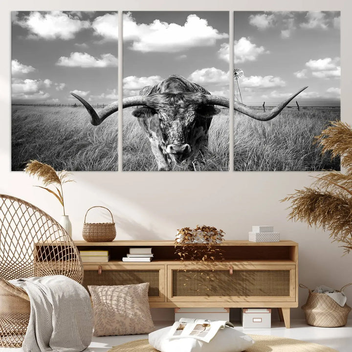 A black-and-white Longhorn Cow Field Wall Art Canvas Print is showcased prominently.