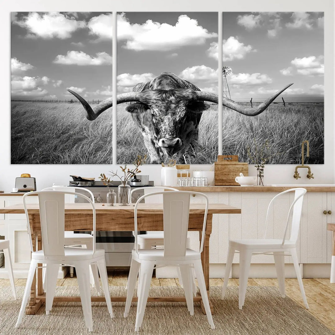 A black-and-white Longhorn Cow Field Wall Art Canvas Print is showcased prominently.