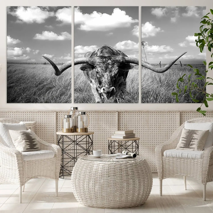 A black-and-white Longhorn Cow Field Wall Art Canvas Print is showcased prominently.