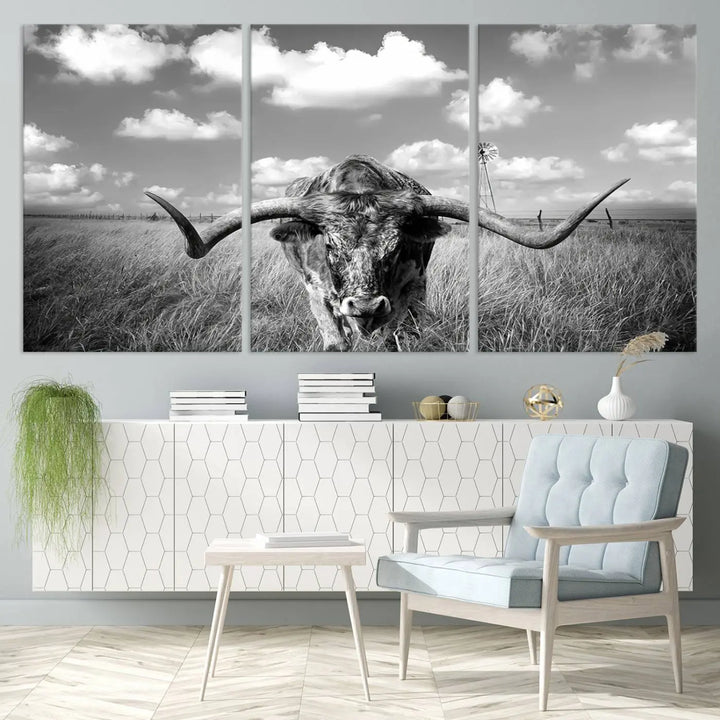 A black-and-white Longhorn Cow Field Wall Art Canvas Print is showcased prominently.