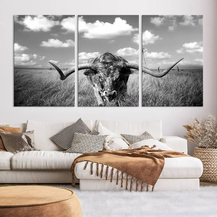 A black-and-white Longhorn Cow Field Wall Art Canvas Print is showcased prominently.