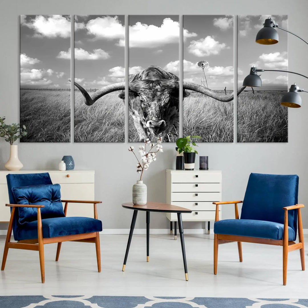 A black-and-white Longhorn Cow Field Wall Art Canvas Print is showcased prominently.