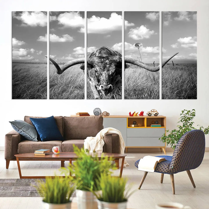 A black-and-white Longhorn Cow Field Wall Art Canvas Print is showcased prominently.