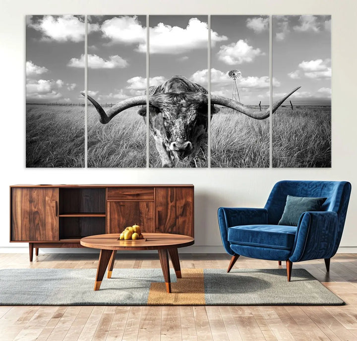 A black-and-white Longhorn Cow Field Wall Art Canvas Print is showcased prominently.