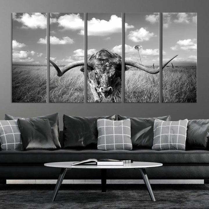 A black-and-white Longhorn Cow Field Wall Art Canvas Print is showcased prominently.