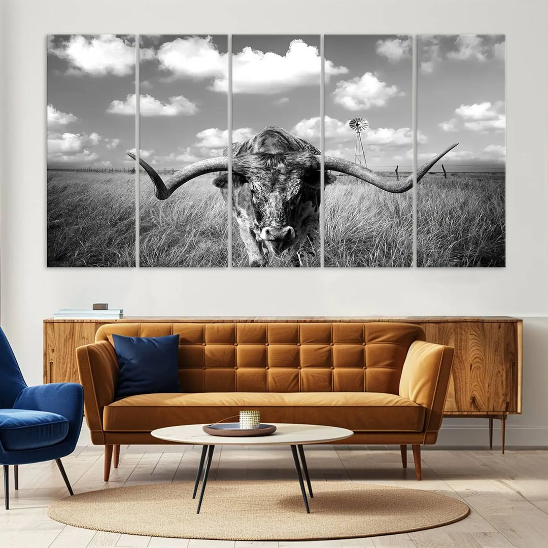 A black-and-white Longhorn Cow Field Wall Art Canvas Print is showcased prominently.