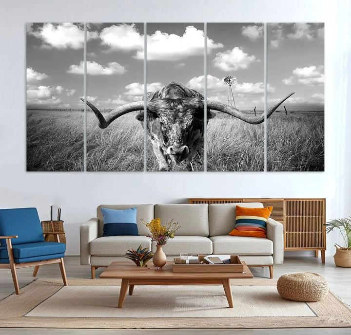 A black-and-white Longhorn Cow Field Wall Art Canvas Print is showcased prominently.