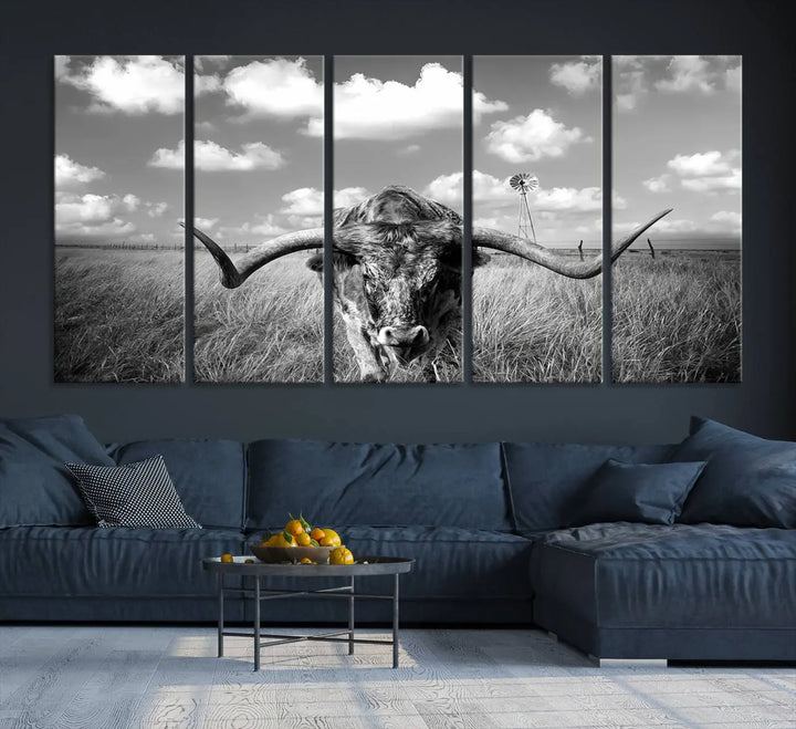 A black-and-white Longhorn Cow Field Wall Art Canvas Print is showcased prominently.