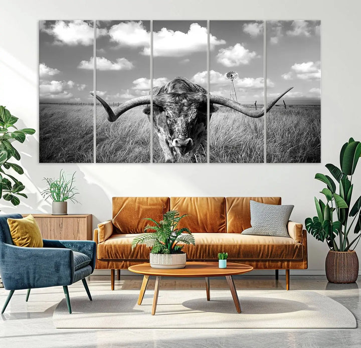 A black-and-white Longhorn Cow Field Wall Art Canvas Print is showcased prominently.