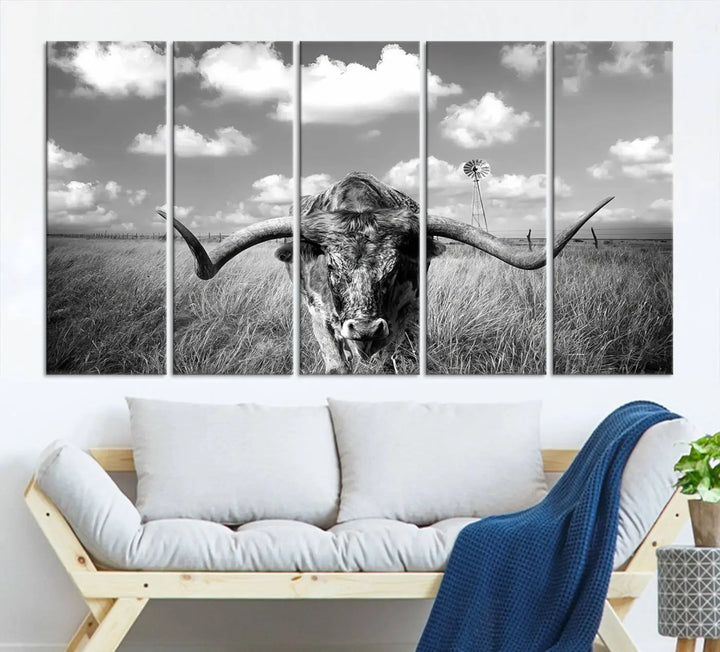 A black-and-white Longhorn Cow Field Wall Art Canvas Print is showcased prominently.