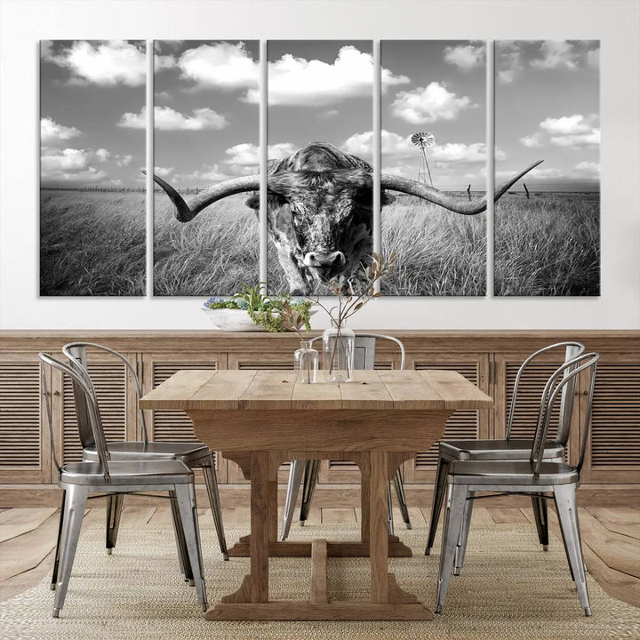 A black-and-white Longhorn Cow Field Wall Art Canvas Print is showcased prominently.