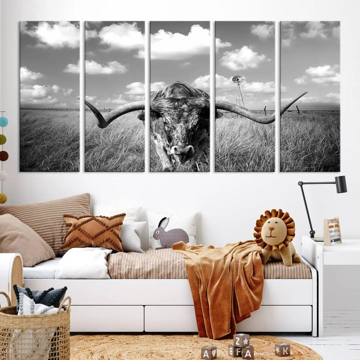 A black-and-white Longhorn Cow Field Wall Art Canvas Print is showcased prominently.