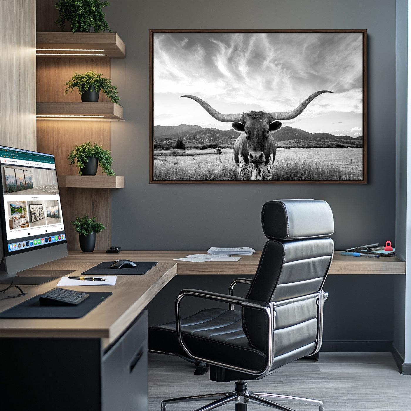 Longhorn Cow Wall Art Canvas Print Farmhouse Wall Art - Texas Longhorn Wall Art Print