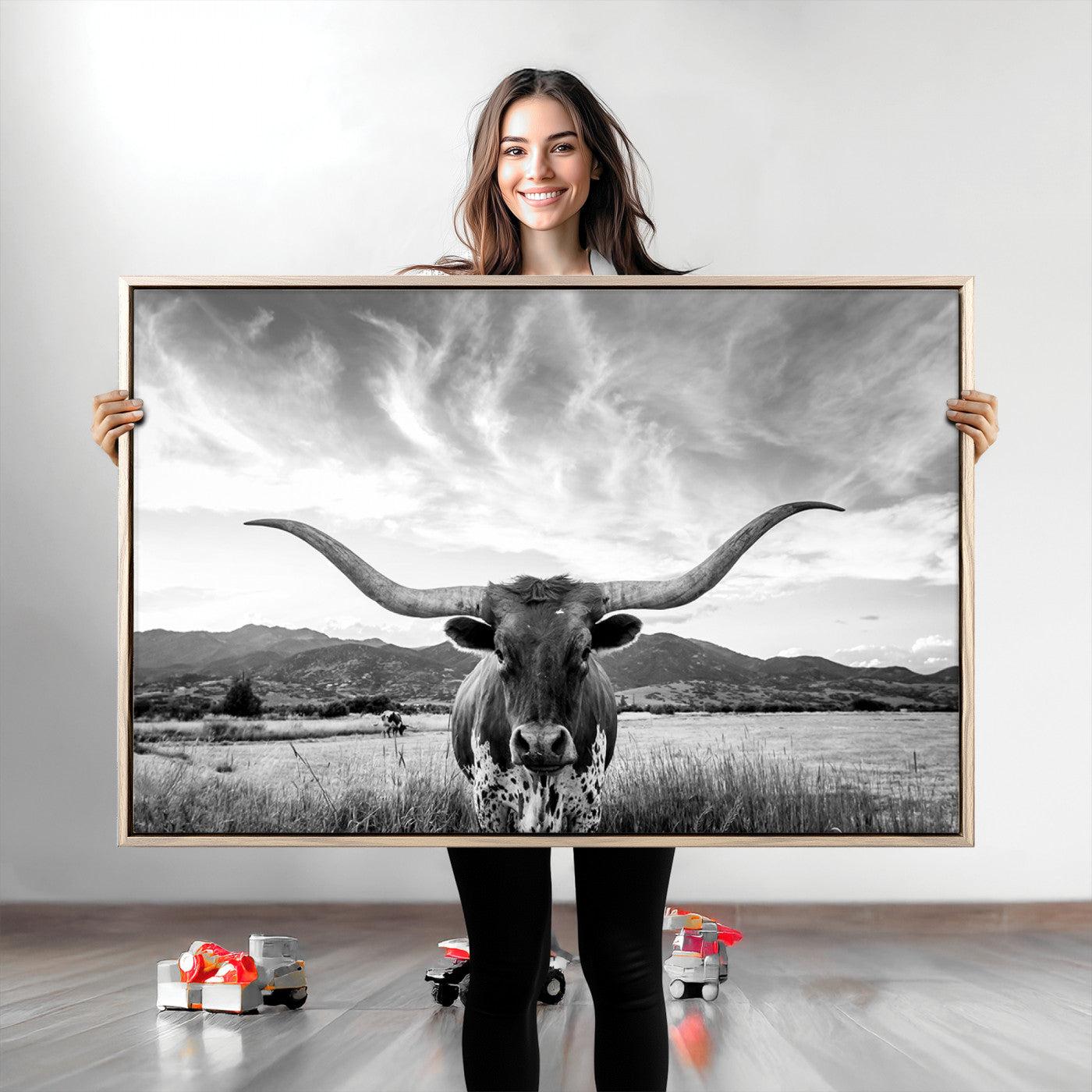 Longhorn Cow Wall Art Canvas Print Farmhouse Wall Art - Texas Longhorn Wall Art Print