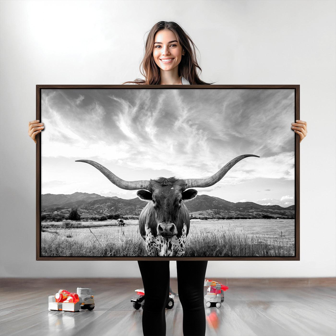Longhorn Cow Wall Art Canvas Print Farmhouse Wall Art - Texas Longhorn Wall Art Print