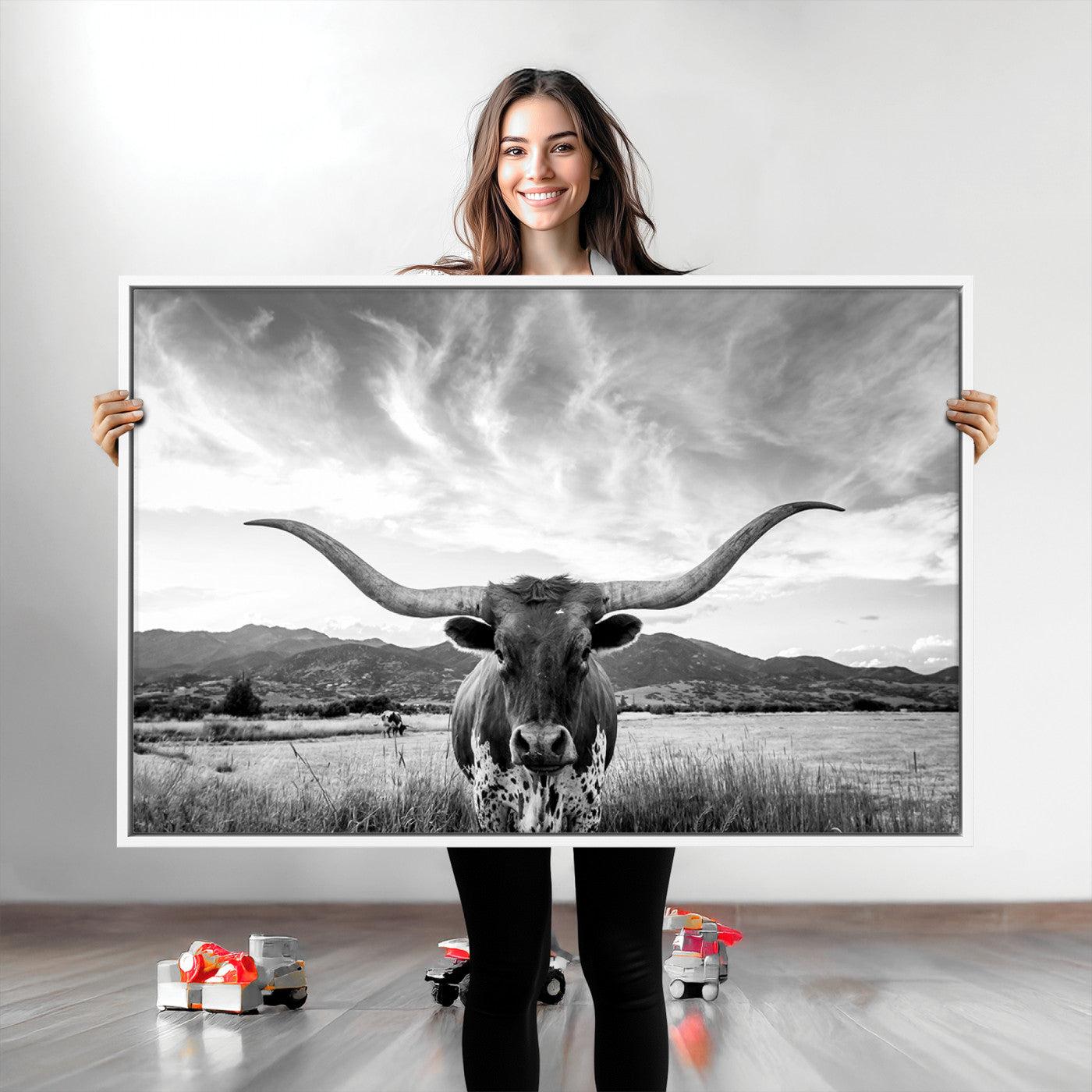 Longhorn Cow Wall Art Canvas Print Farmhouse Wall Art - Texas Longhorn Wall Art Print