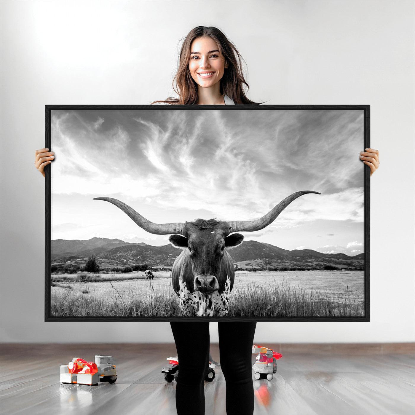 Longhorn Cow Wall Art Canvas Print Farmhouse Wall Art - Texas Longhorn Wall Art Print
