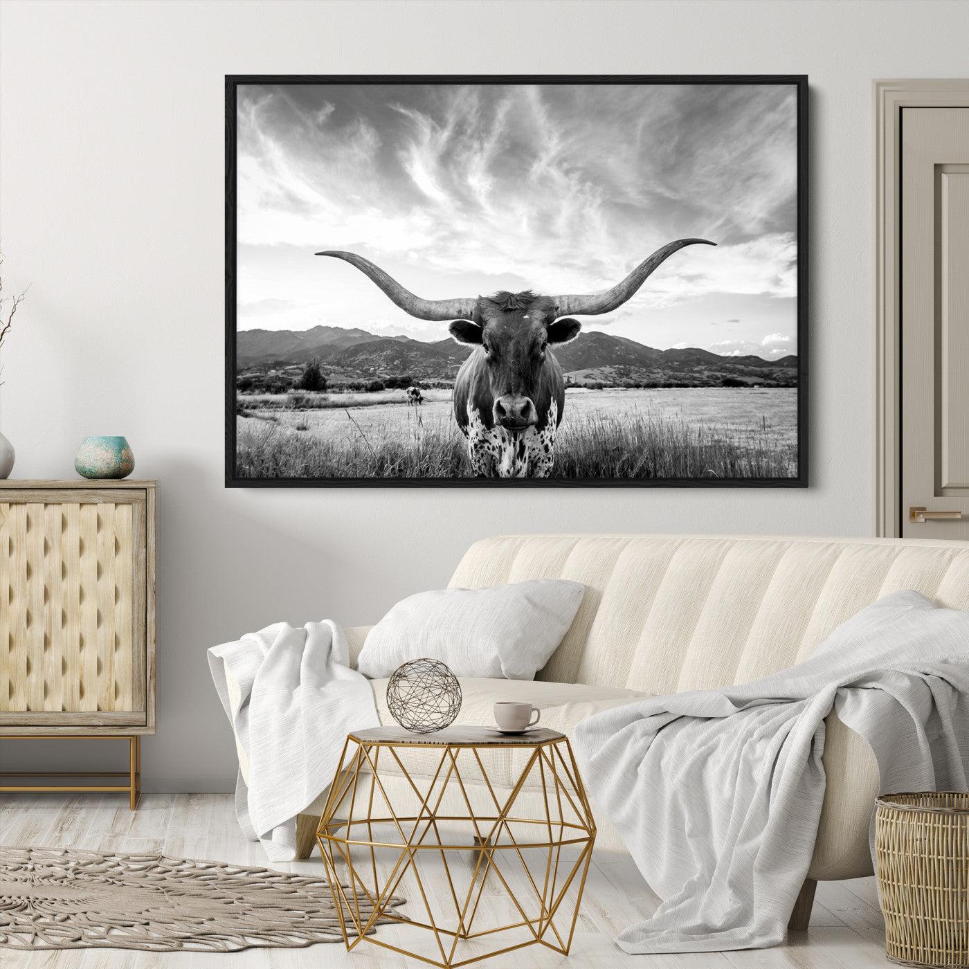 Longhorn Cow Wall Art Canvas Print Farmhouse Wall Art - Texas Longhorn Wall Art Print