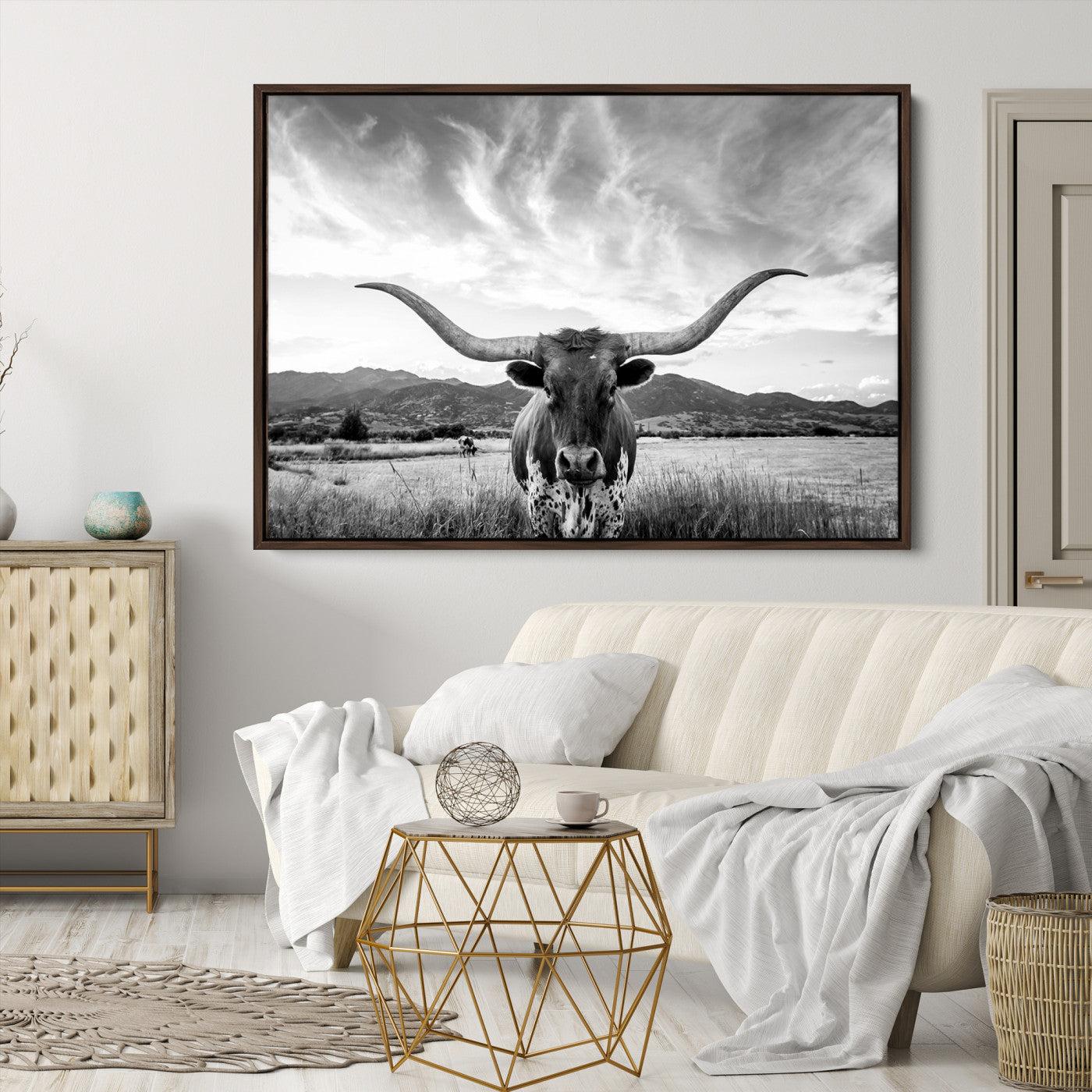 Longhorn Cow Wall Art Canvas Print Farmhouse Wall Art - Texas Longhorn Wall Art Print