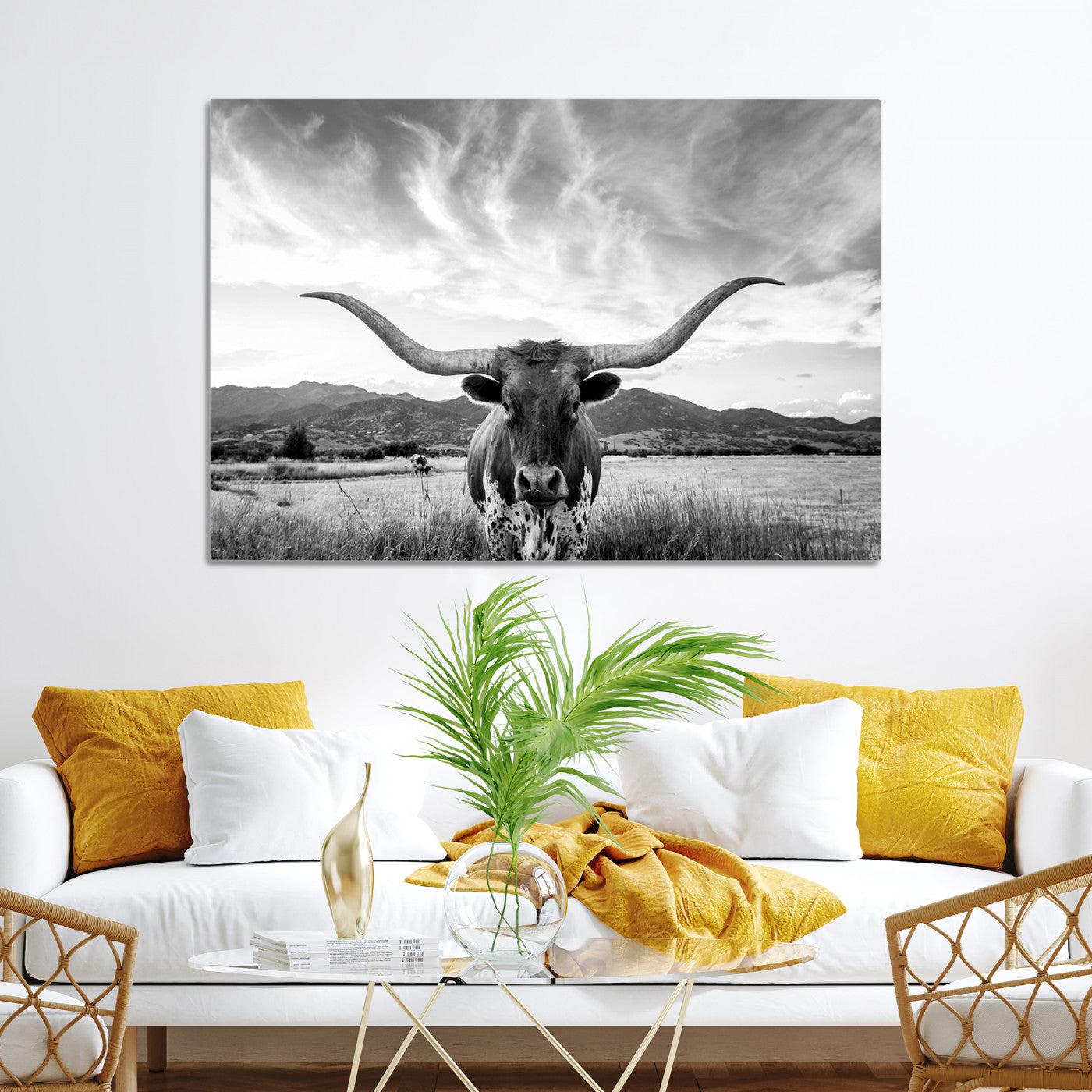 Longhorn Cow Wall Art Canvas Print Farmhouse Wall Art - Texas Longhorn Wall Art Print