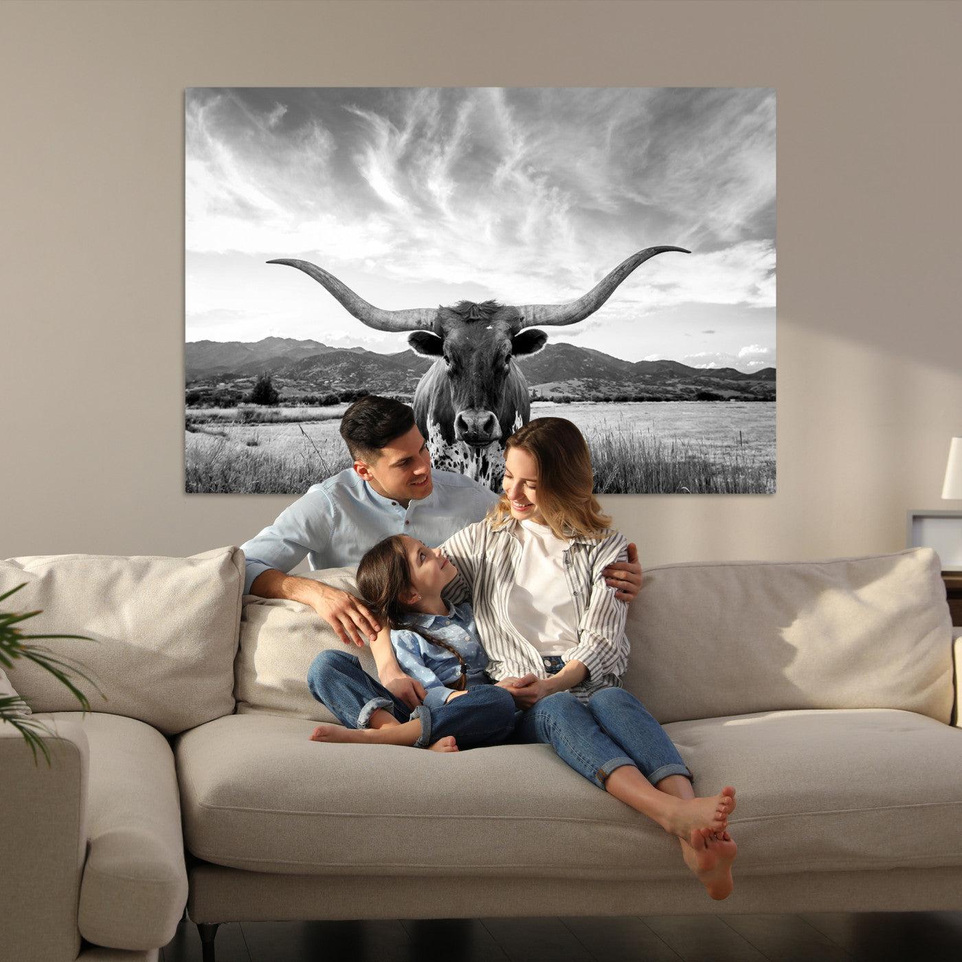 Longhorn Cow Wall Art Canvas Print Farmhouse Wall Art - Texas Longhorn Wall Art Print